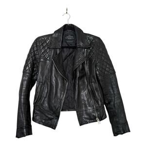 AllSaints Walker Cargo Leather Biker Jacket in Black Size 2